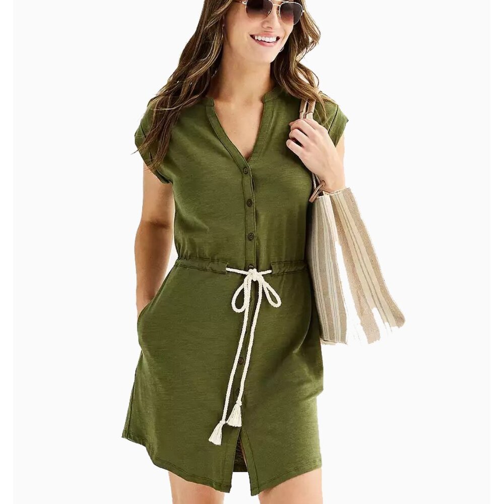 Sonoma Goods For Life® Short Sleeve Tie-Waist Knit Dress - Olive | XS